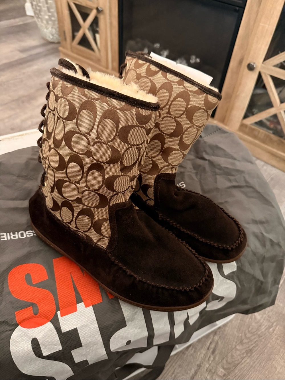 Coach Kids Tan Signature Logo & Dark Brown Suede Shearling Boots